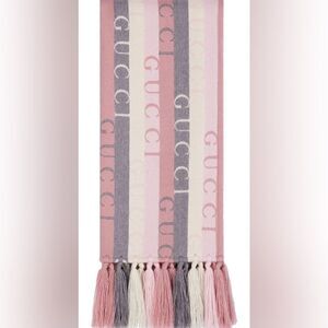 Authentic Gucci Pink Grey Cream Wool Cotton Striped Logo Wrap Scarf